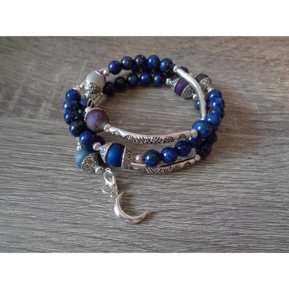 Agate Druzy, Lapis Lazuli Wrap Cuff moon dangle - Picture 1 of 8